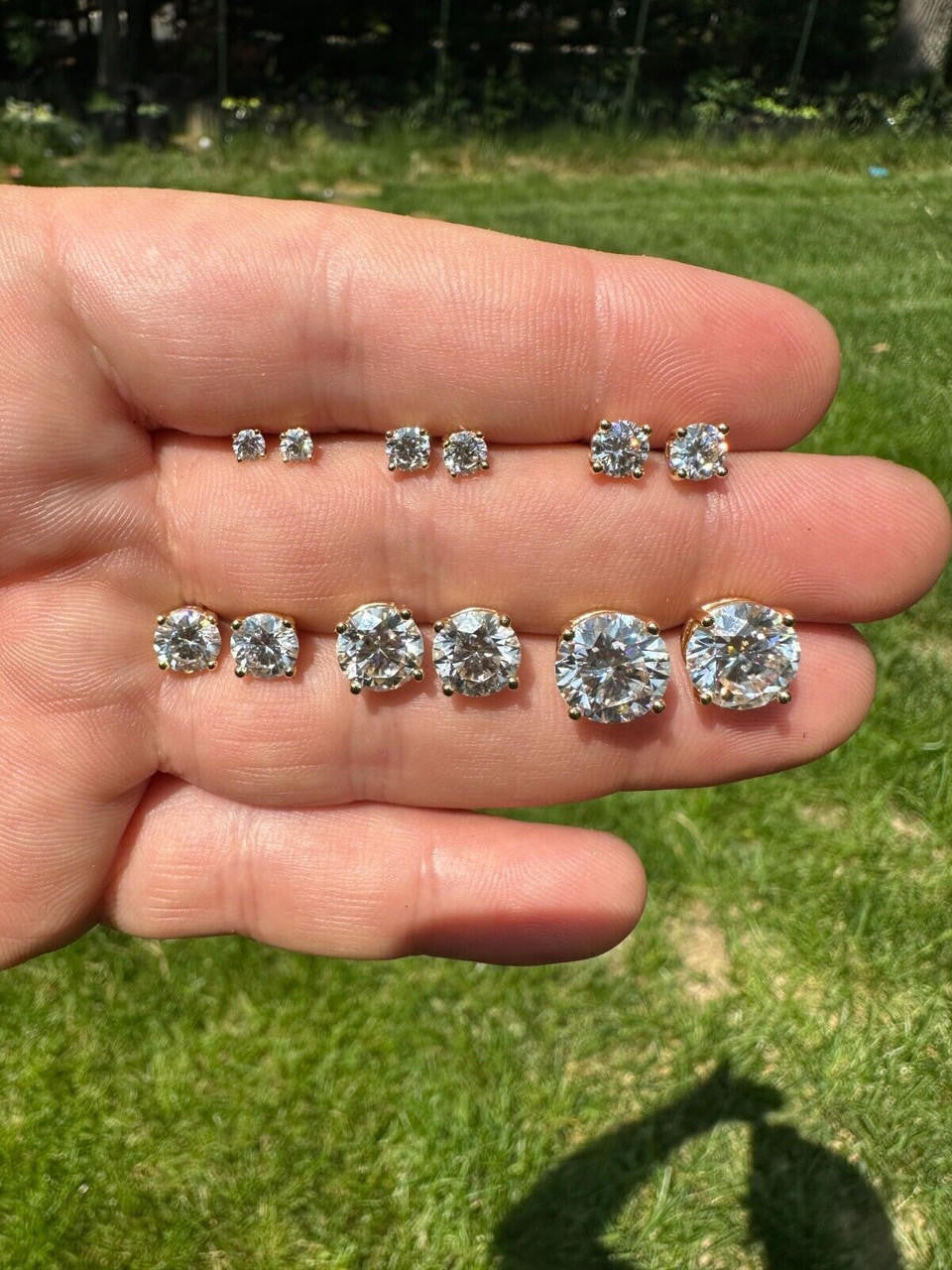 HarlemBling Real Moissanite Pushback Stud Earrings 14k Gold Plated 925 Silver Hip Hop 3-10mm