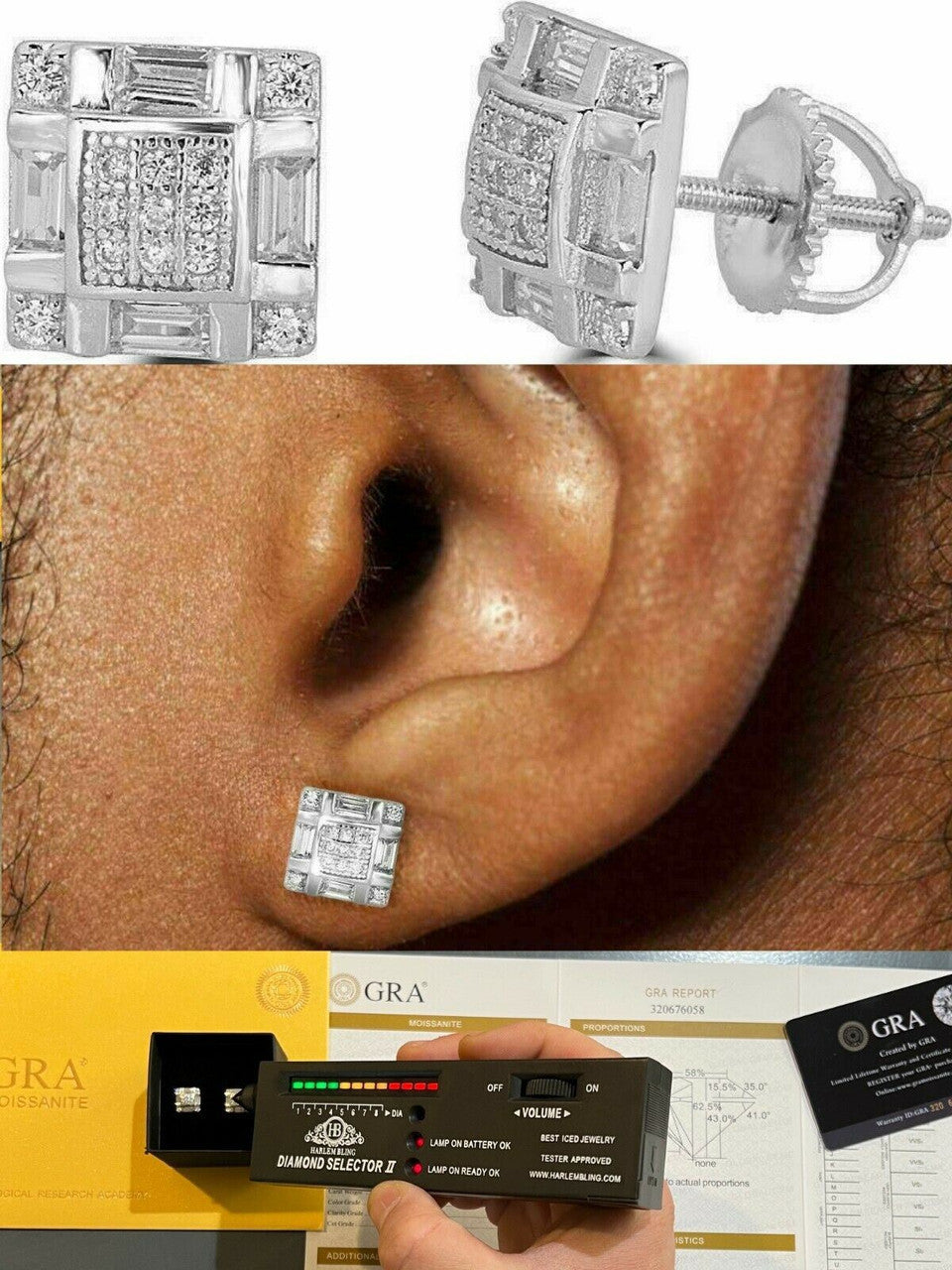 HarlemBling Real MOISSANITE Silver Iced Baguette Hip Hop Earrings Studs Pass Diamond Tester