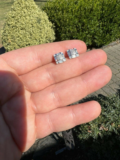 HarlemBling Real MOISSANITE Silver Iced Baguette Hip Hop Earrings Studs Pass Diamond Tester