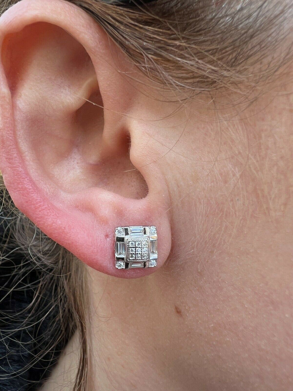 HarlemBling Real MOISSANITE Silver Iced Baguette Hip Hop Earrings Studs Pass Diamond Tester