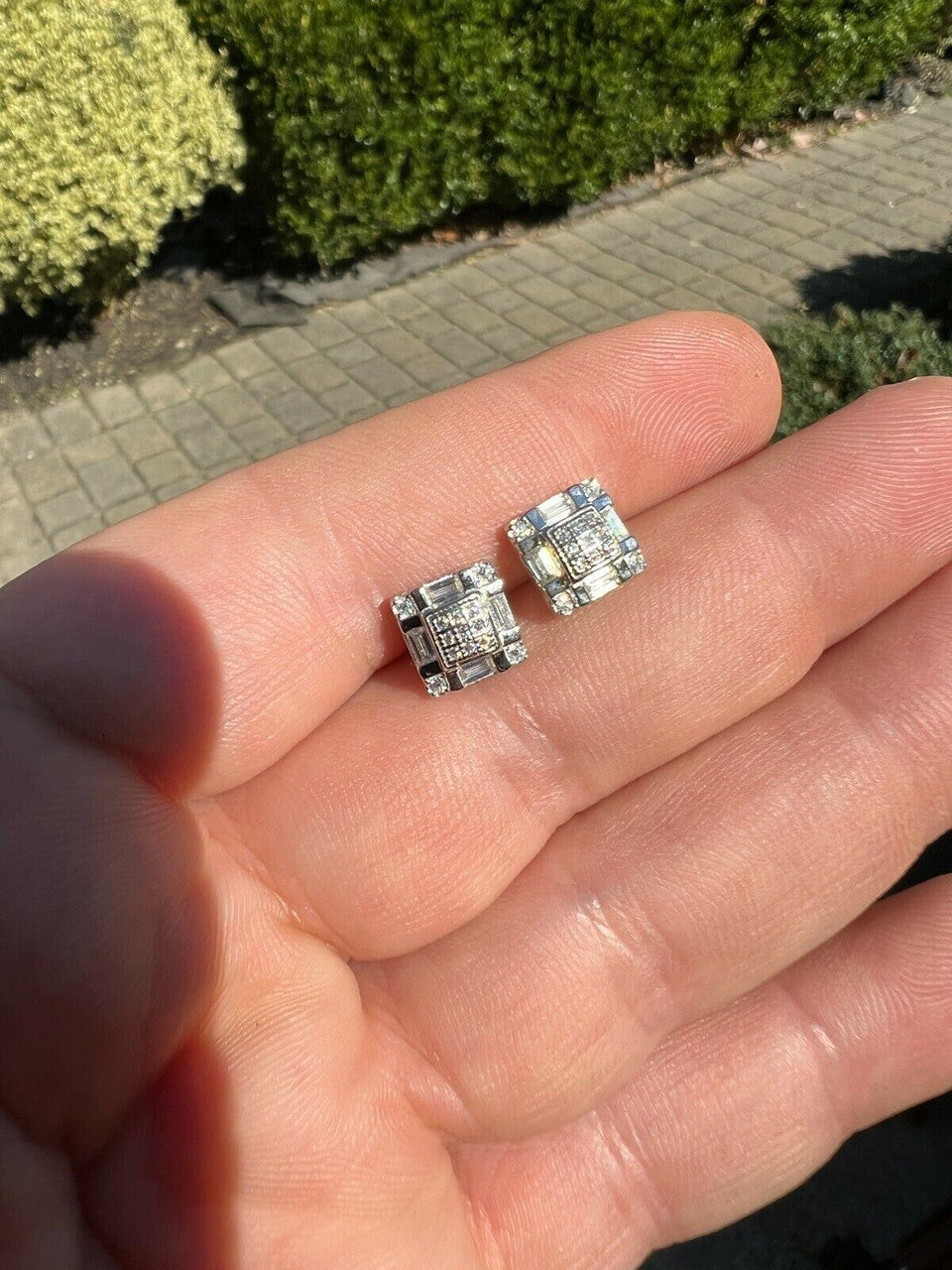 HarlemBling Real MOISSANITE Silver Iced Baguette Hip Hop Earrings Studs Pass Diamond Tester