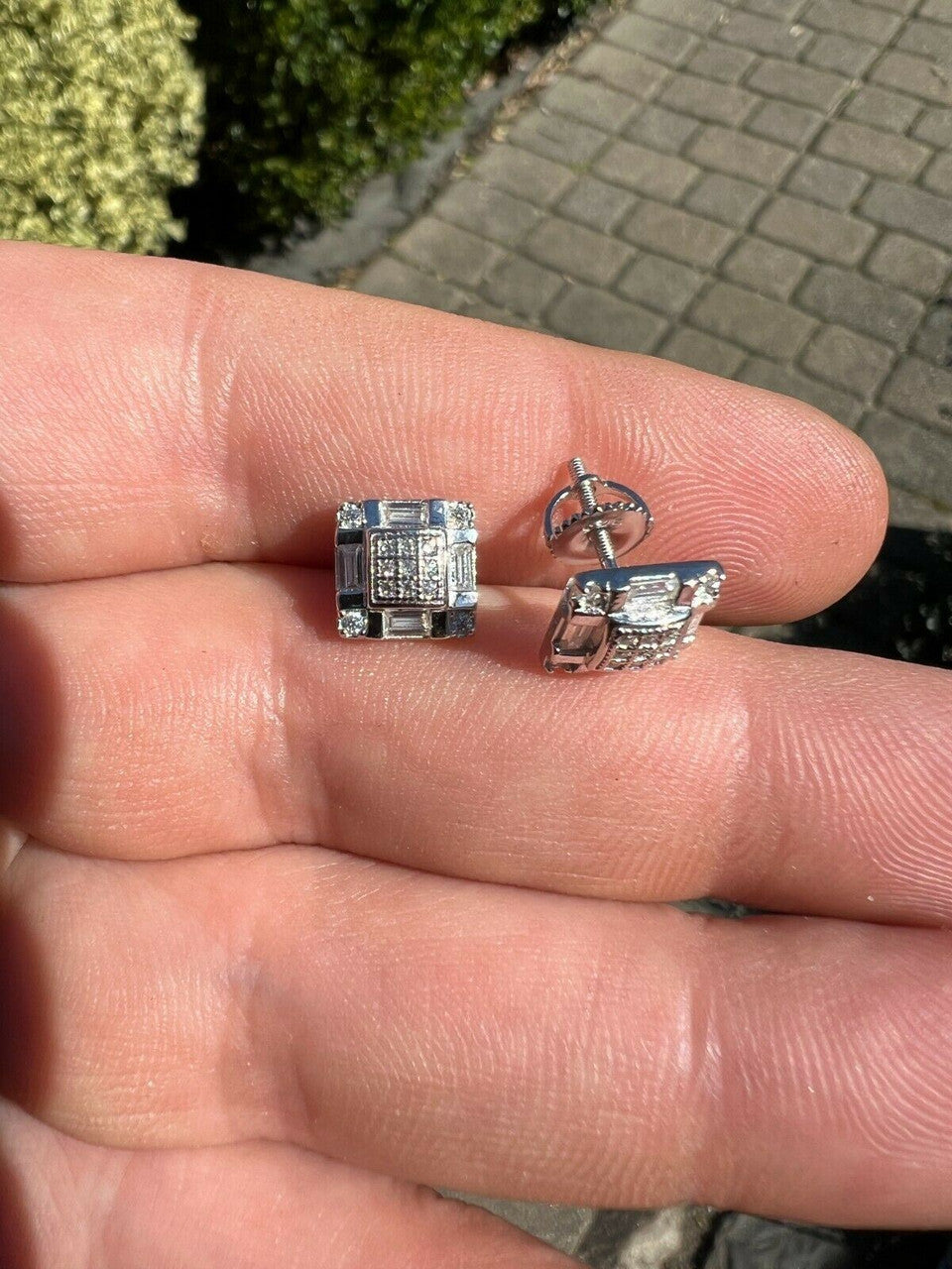 HarlemBling Real MOISSANITE Silver Iced Baguette Hip Hop Earrings Studs Pass Diamond Tester