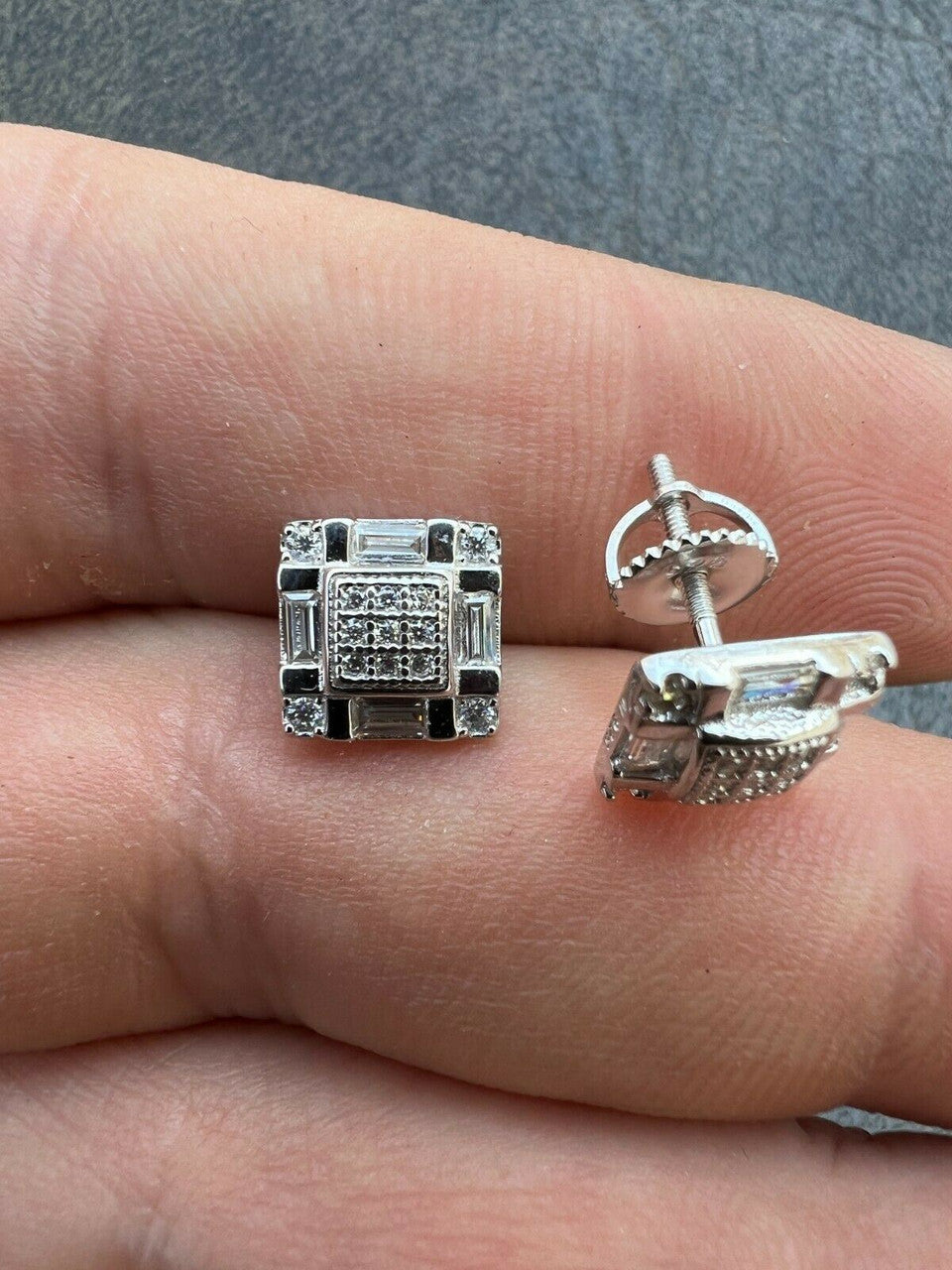 HarlemBling Real MOISSANITE Silver Iced Baguette Hip Hop Earrings Studs Pass Diamond Tester
