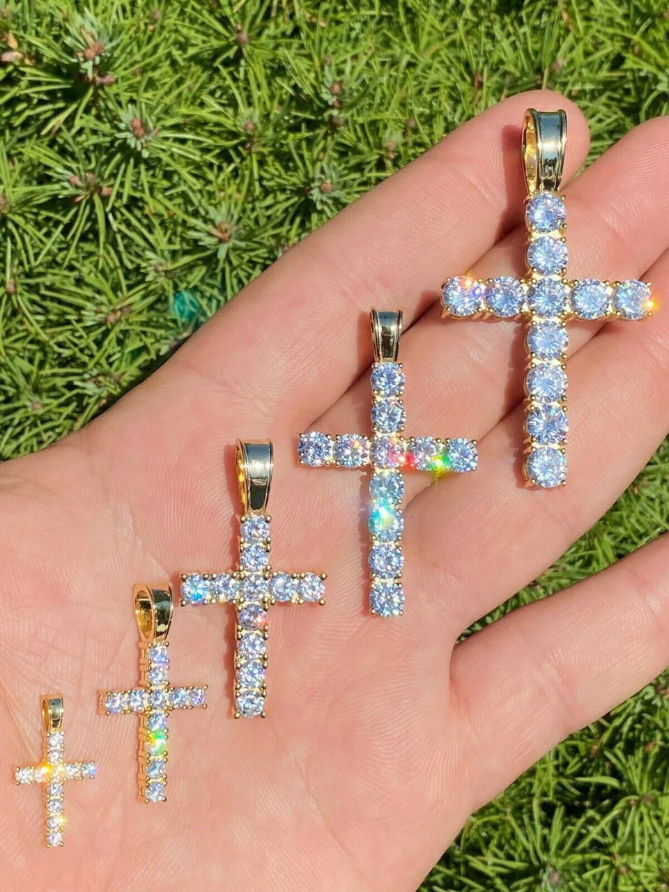 HarlemBling Real MOISSANITE Solid 10k Yellow Gold Iced Tennis Cross Pendant Necklace 5 Sizes