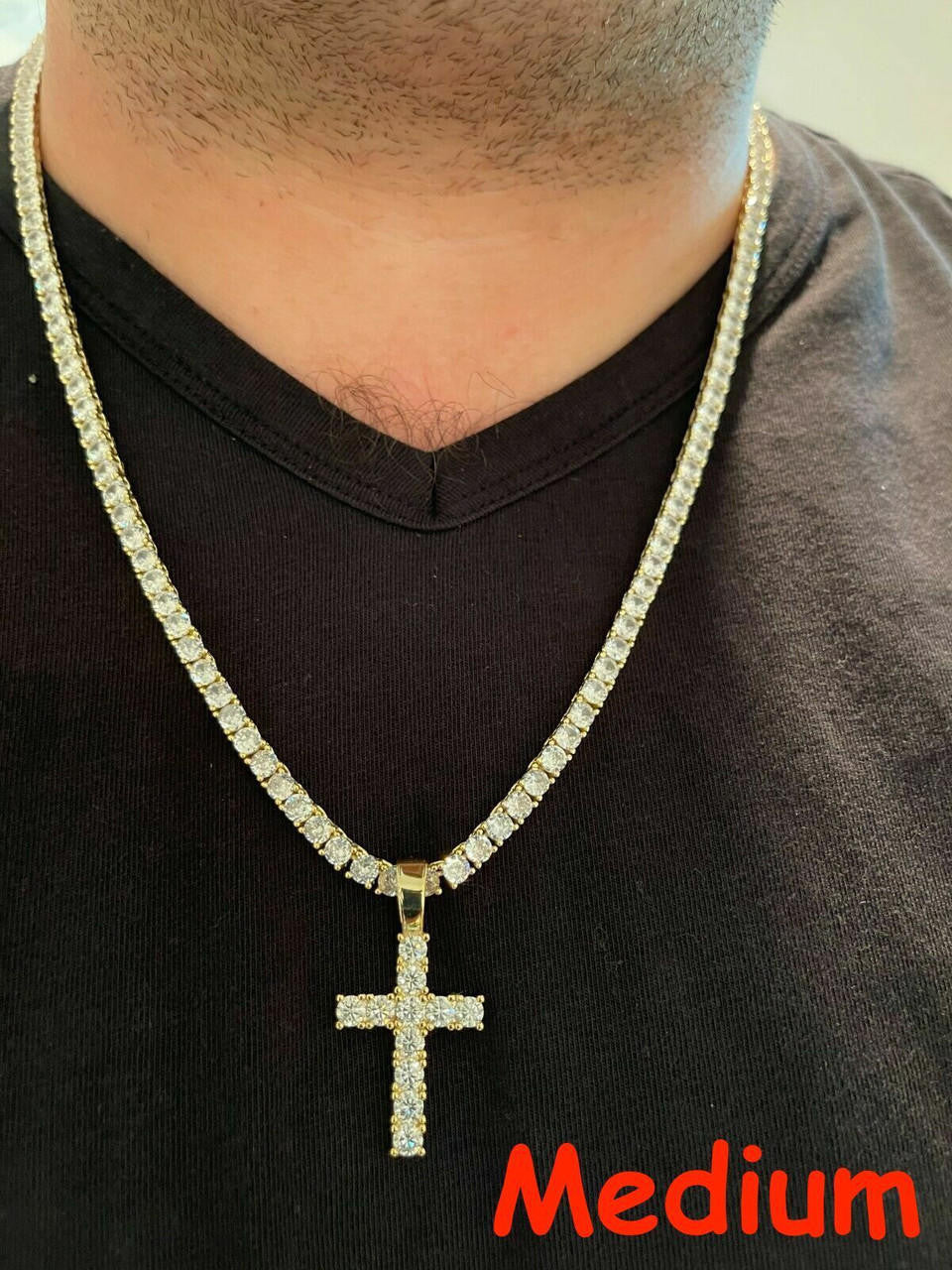 HarlemBling Real MOISSANITE Solid 10k Yellow Gold Iced Tennis Cross Pendant Necklace 5 Sizes