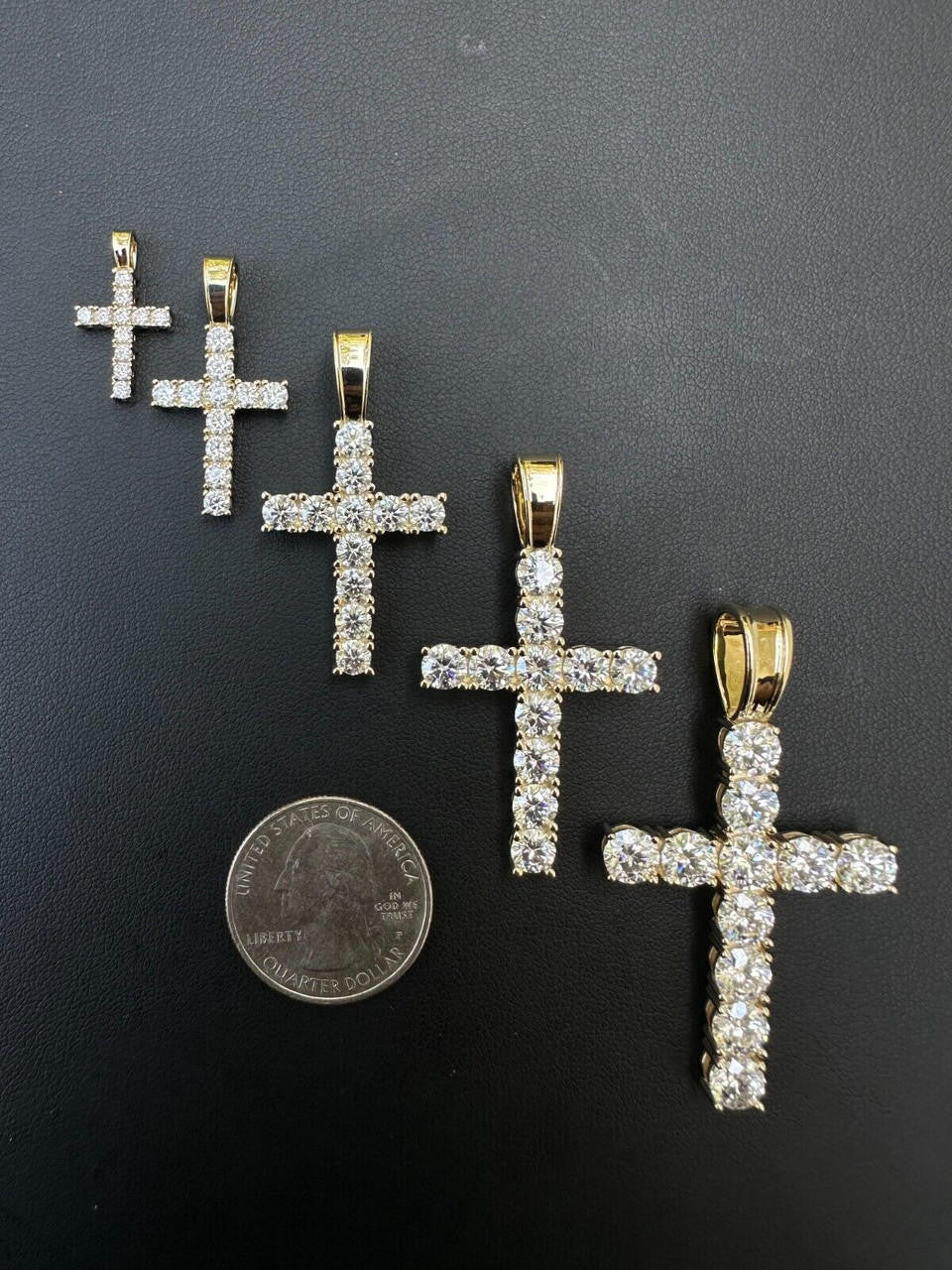 HarlemBling Real MOISSANITE Solid 10k Yellow Gold Iced Tennis Cross Pendant Necklace 5 Sizes