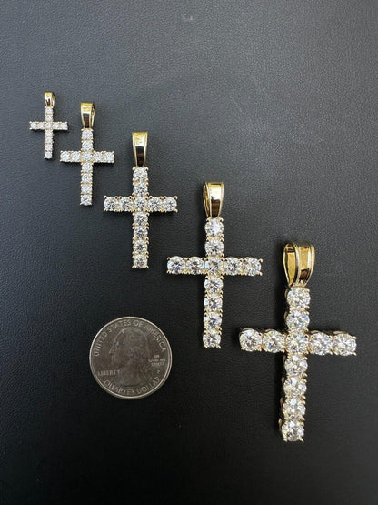 HarlemBling Real MOISSANITE Solid 10k Yellow Gold Iced Tennis Cross Pendant Necklace 5 Sizes