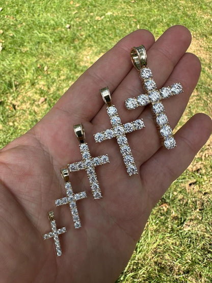 HarlemBling Real MOISSANITE Solid 10k Yellow Gold Iced Tennis Cross Pendant Necklace 5 Sizes