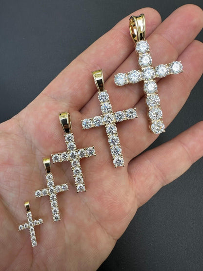 HarlemBling Real MOISSANITE Solid 10k Yellow Gold Iced Tennis Cross Pendant Necklace 5 Sizes