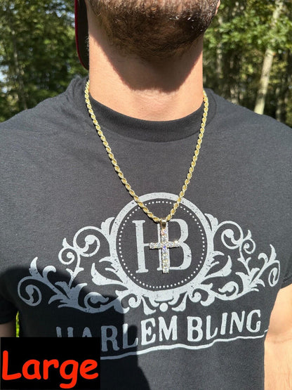 HarlemBling Real MOISSANITE Solid 10k Yellow Gold Iced Tennis Cross Pendant Necklace 5 Sizes