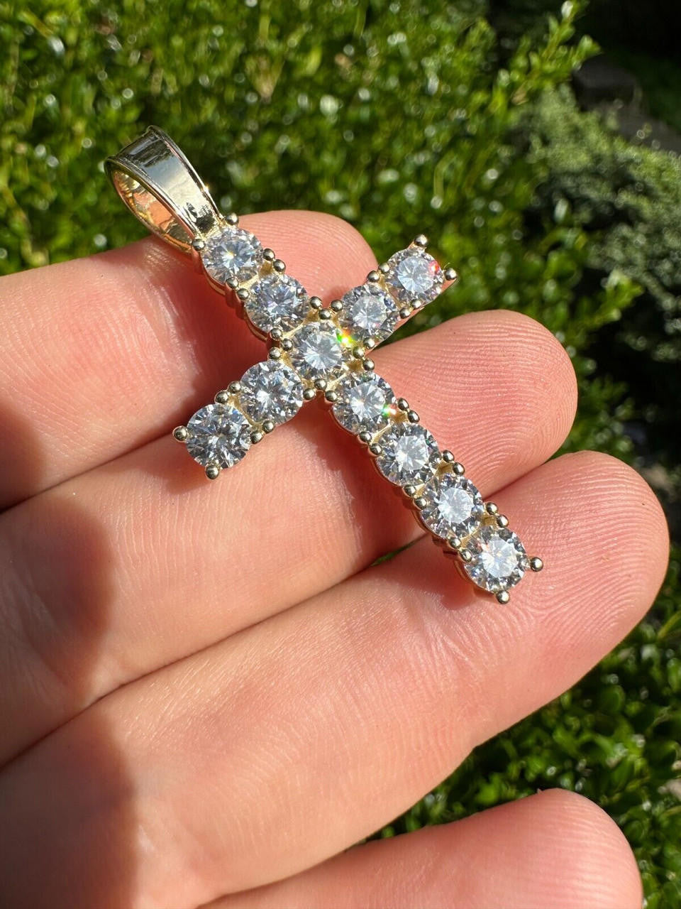 HarlemBling Real MOISSANITE Solid 10k Yellow Gold Iced Tennis Cross Pendant Necklace 5 Sizes