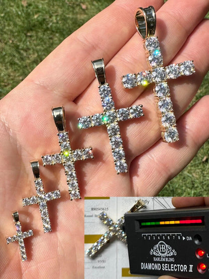 HarlemBling Real MOISSANITE Solid 10k Yellow Gold Iced Tennis Cross Pendant Necklace 5 Sizes