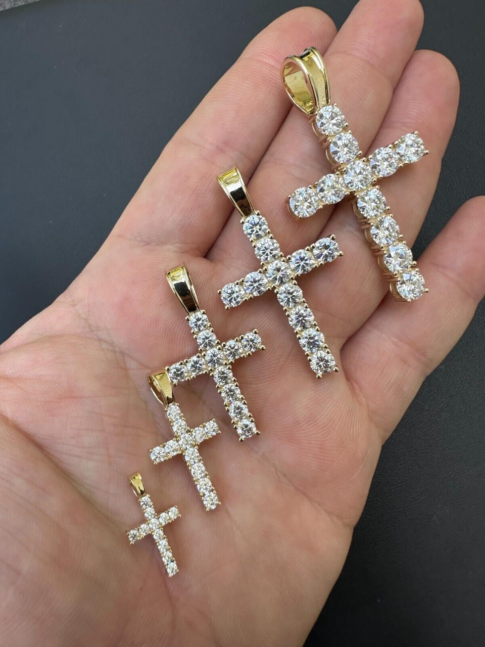 HarlemBling Real MOISSANITE Solid 10k Yellow Gold Iced Tennis Cross Pendant Necklace 5 Sizes