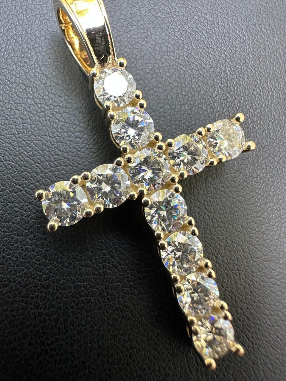 HarlemBling Real MOISSANITE Solid 10k Yellow Gold Iced Tennis Cross Pendant Necklace 5 Sizes