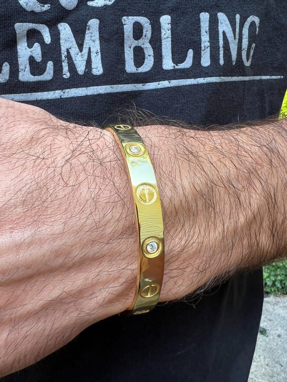 HarlemBling Real MOISSANITE Solid 14k Gold Plated 925 Silver Bangle Bracelet Mens Or Ladies