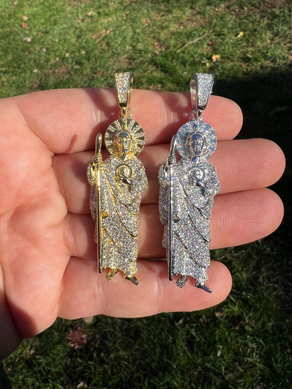 HarlemBling Real MOISSANITE Solid 925 Silver St Jude San Judas Tadeo Iced Pendant Necklace