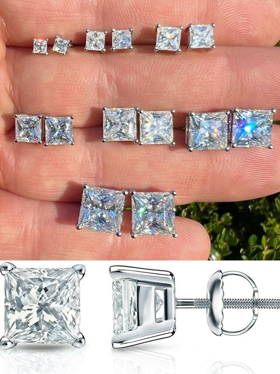 HarlemBling Real MOISSANITE Square Princess Stud Earrings 925 Silver Passes Diamond Tester