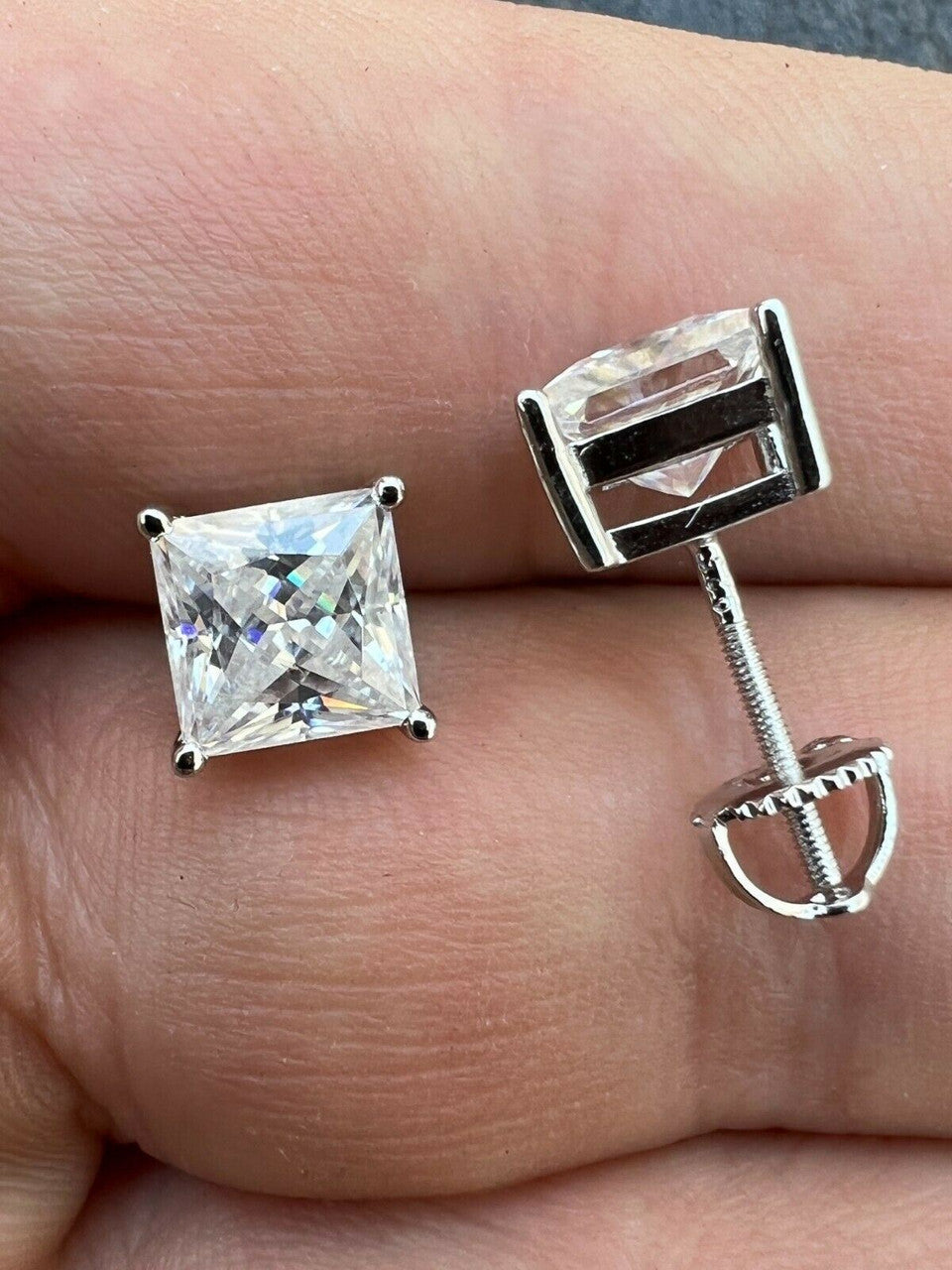 HarlemBling Real MOISSANITE Square Princess Stud Earrings 925 Silver Passes Diamond Tester