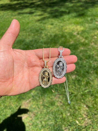 HarlemBling Real Moissanite St Christopher Necklace Pendant Iced Medallion Pass Diamond Test