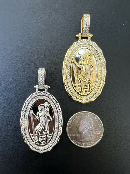 HarlemBling Real Moissanite St Christopher Necklace Pendant Iced Medallion Pass Diamond Test
