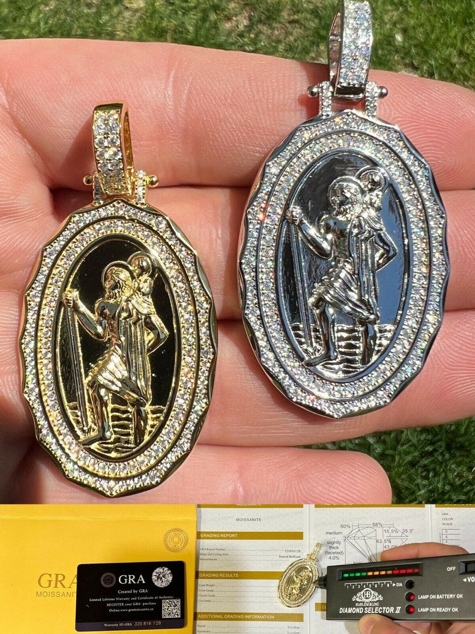 HarlemBling Real Moissanite St Christopher Necklace Pendant Iced Medallion Pass Diamond Test