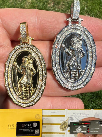 HarlemBling Real Moissanite St Christopher Necklace Pendant Iced Medallion Pass Diamond Test