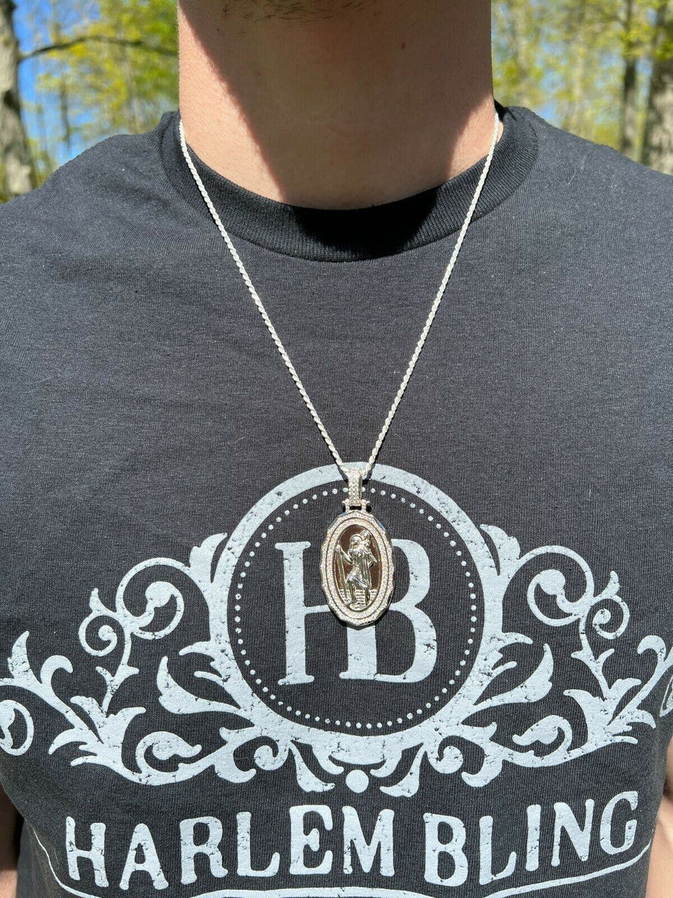 HarlemBling Real Moissanite St Christopher Necklace Pendant Iced Medallion Pass Diamond Test