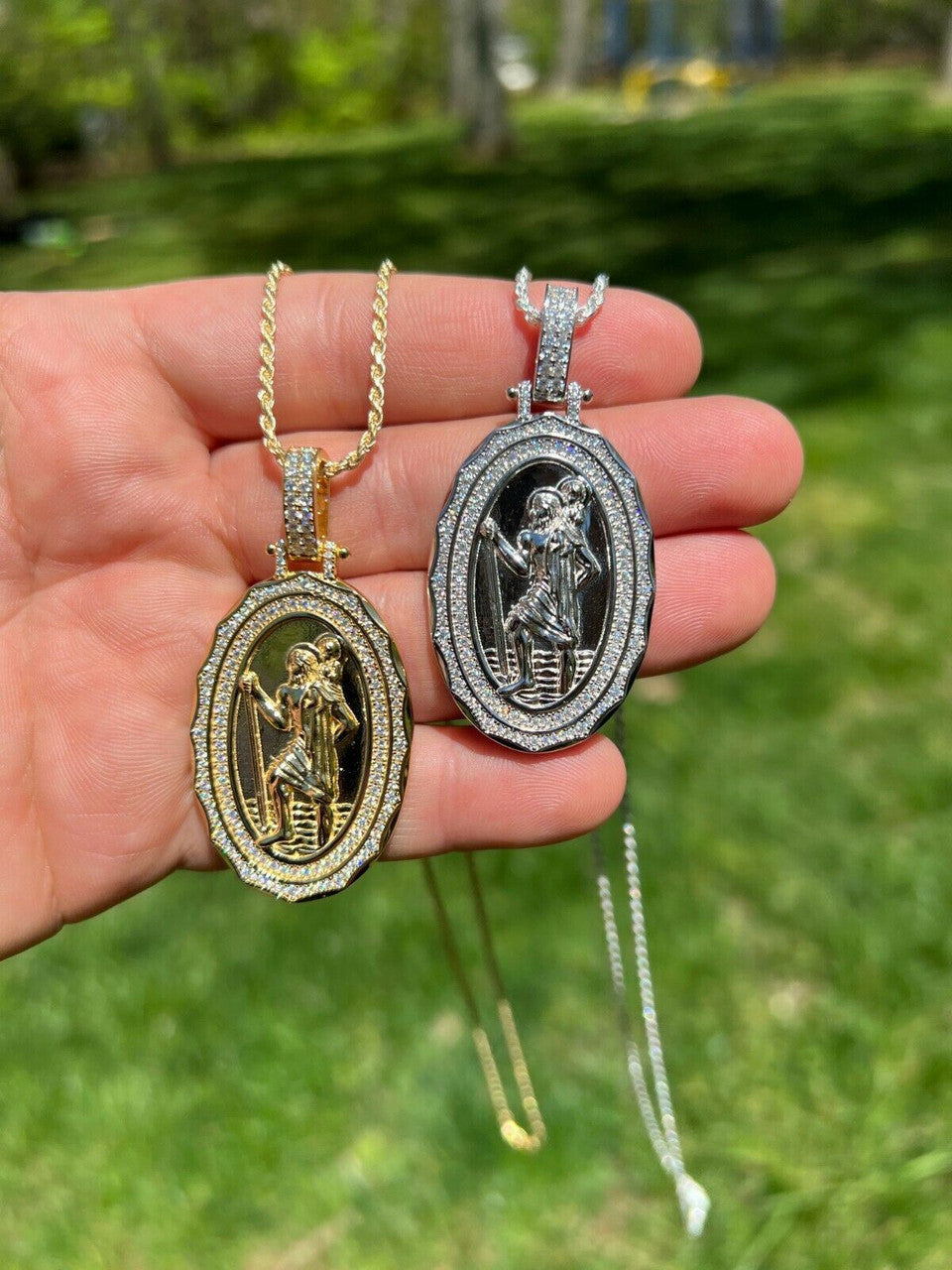 HarlemBling Real Moissanite St Christopher Necklace Pendant Iced Medallion Pass Diamond Test