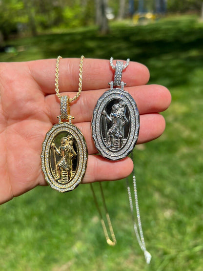 HarlemBling Real Moissanite St Christopher Necklace Pendant Iced Medallion Pass Diamond Test