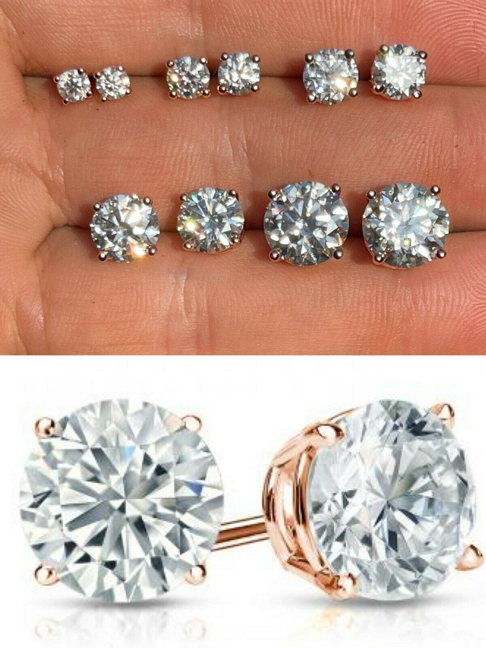 HarlemBling Real Moissanite Stud Earrings Diamond Tester Size 0.4-8ct 14k Rose Gold Vermeil