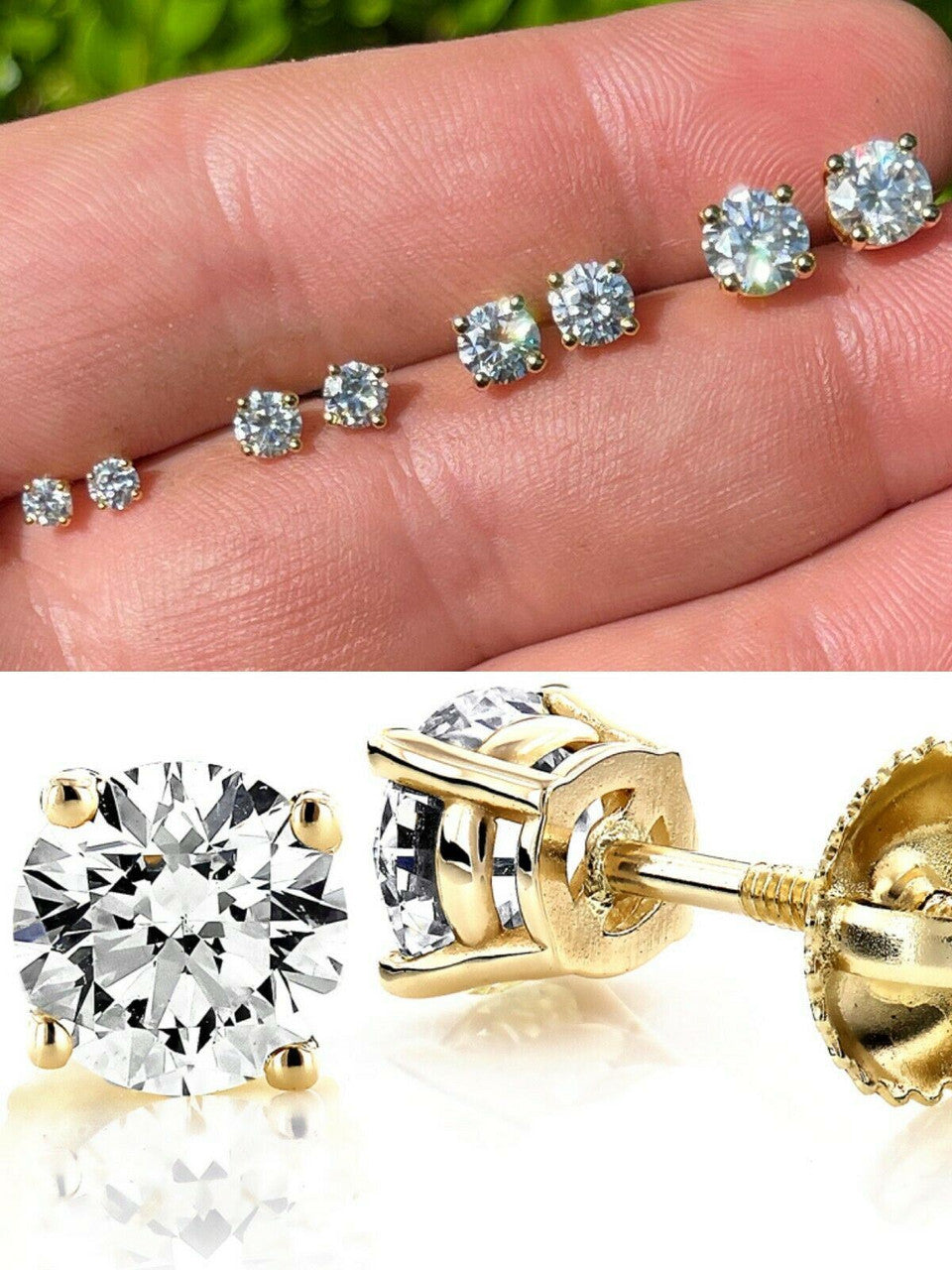 HarlemBling Real Moissanite Stud Earrings Pass Diamond Tester Size 0.2-2ct 14k Gold Vermeil