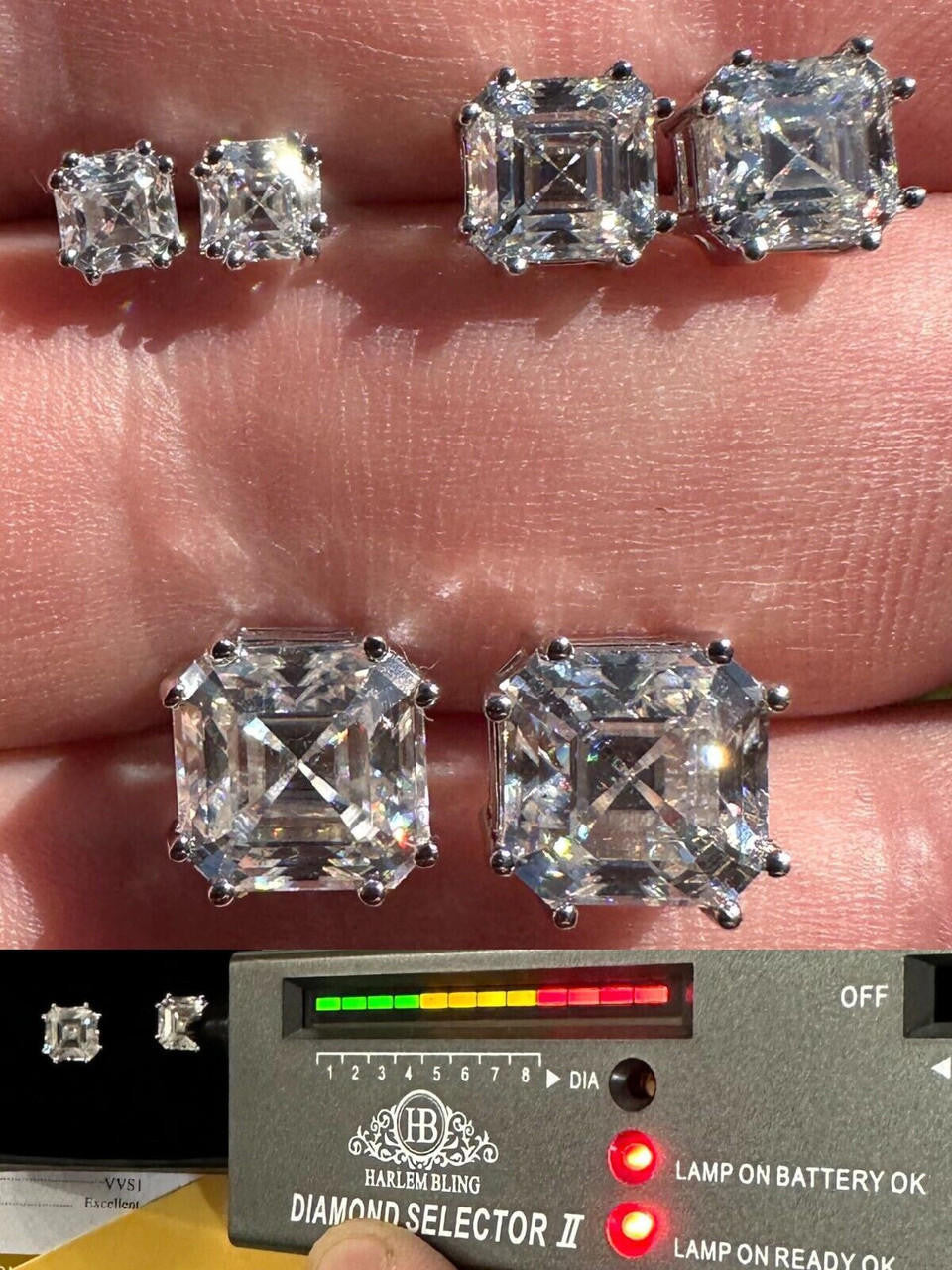 HarlemBling Real Moissanite Stud Earrings Square Asscher Cut 925 Silver Screwbacks 4mm-8mm