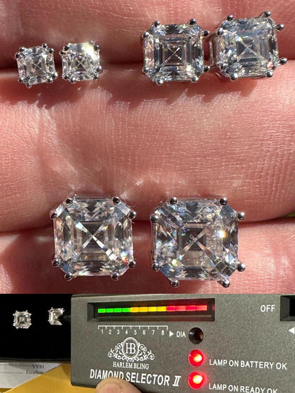HarlemBling Real Moissanite Stud Earrings Square Asscher Cut 925 Silver Screwbacks 4mm-8mm