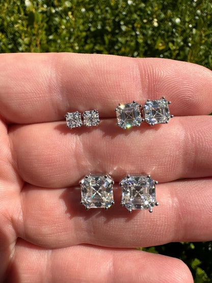 HarlemBling Real Moissanite Stud Earrings Square Asscher Cut 925 Silver Screwbacks 4mm-8mm