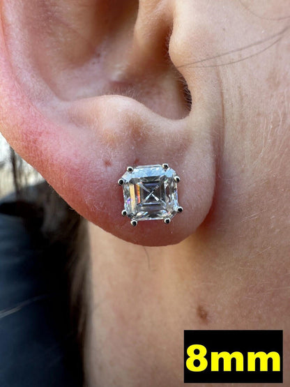 HarlemBling Real Moissanite Stud Earrings Square Asscher Cut 925 Silver Screwbacks 4mm-8mm