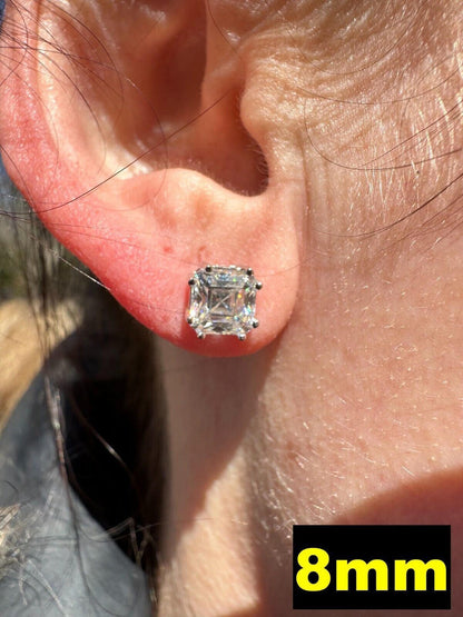 HarlemBling Real Moissanite Stud Earrings Square Asscher Cut 925 Silver Screwbacks 4mm-8mm