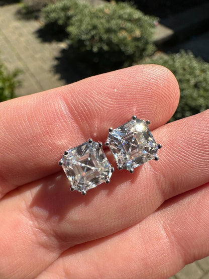 HarlemBling Real Moissanite Stud Earrings Square Asscher Cut 925 Silver Screwbacks 4mm-8mm