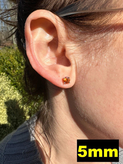 HarlemBling Real Orange Moissanite Screwback Stud Earrings 925 Silver 3-8mm Iced Pass Tester