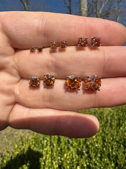 HarlemBling Real Orange Moissanite Screwback Stud Earrings 925 Silver 3-8mm Iced Pass Tester