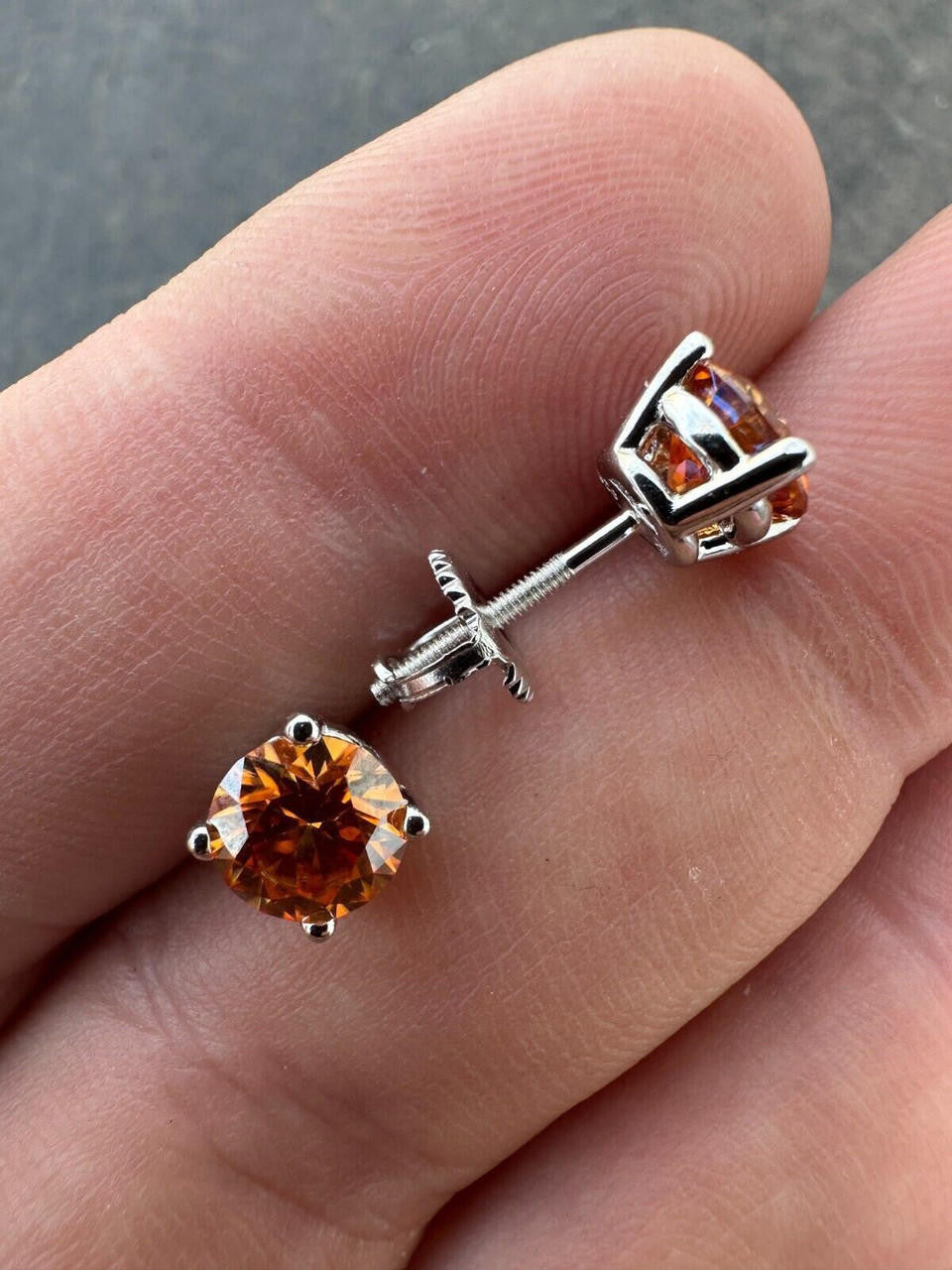 HarlemBling Real Orange Moissanite Screwback Stud Earrings 925 Silver 3-8mm Iced Pass Tester
