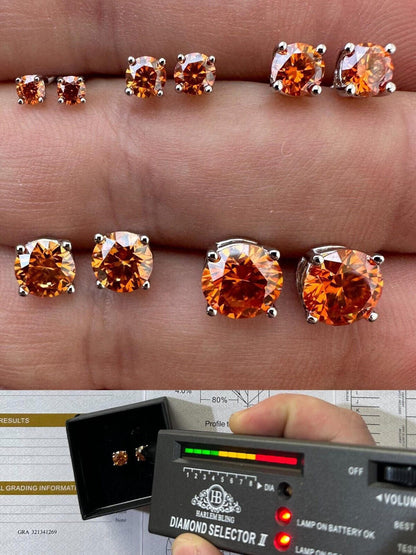 HarlemBling Real Orange Moissanite Screwback Stud Earrings 925 Silver 3-8mm Iced Pass Tester