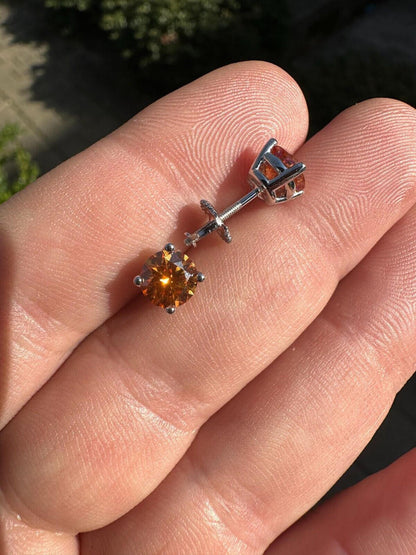 HarlemBling Real Orange Moissanite Screwback Stud Earrings 925 Silver 3-8mm Iced Pass Tester
