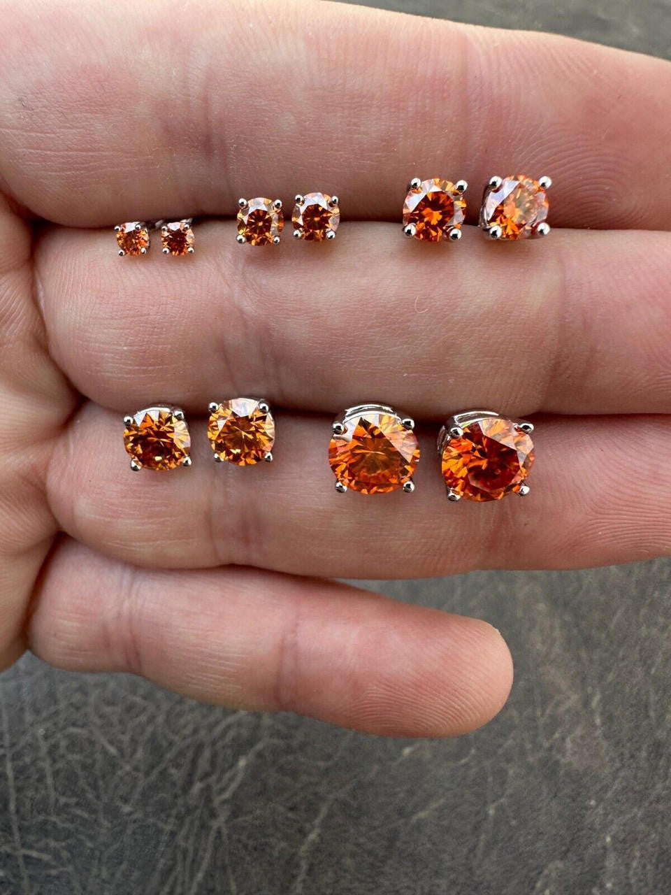 HarlemBling Real Orange Moissanite Screwback Stud Earrings 925 Silver 3-8mm Iced Pass Tester