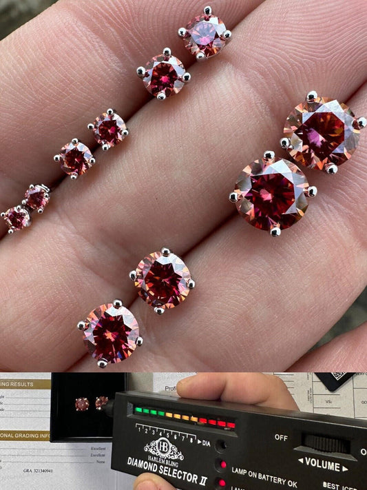 HarlemBling Real Pink Moissanite Screwback Stud Earrings 925 Silver 3-8mm Pass Diamond Test