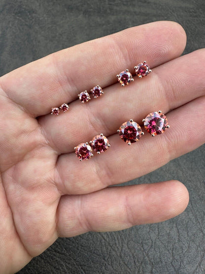 HarlemBling Real Pink Moissanite Stud Earrings 14k Rose Gold 925 Silver Mens Ladies 3-8mm