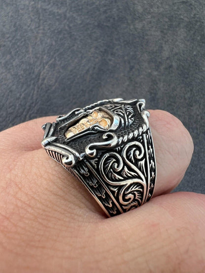HarlemBling Real Plain Solid 925 Sterling Silver Viking Warrior Draugr Gladiator Skull Ring