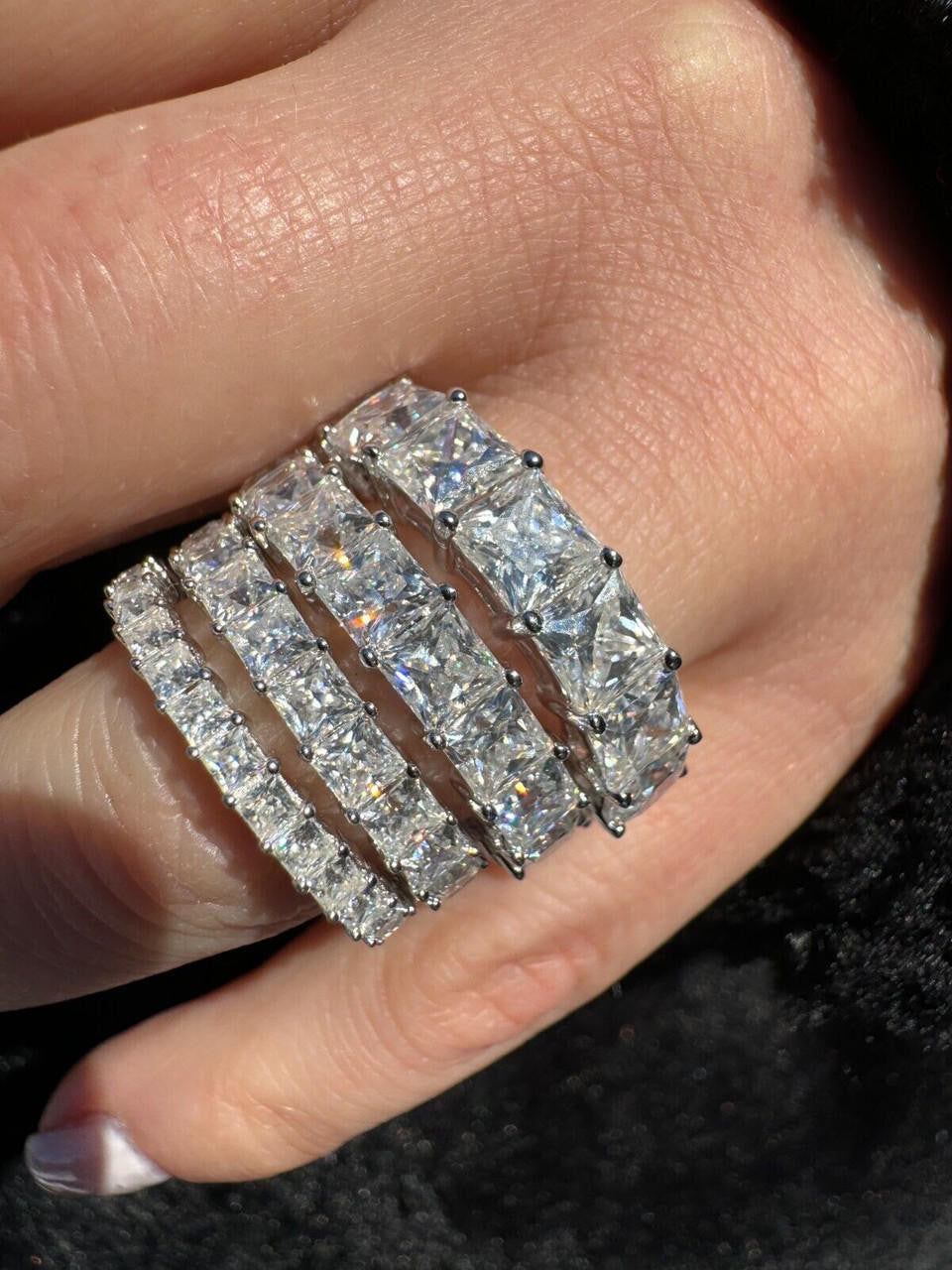 HarlemBling Real Princess Cut Moissanite Eternity Band Wedding Ring 925 Silver 2-5mm Square