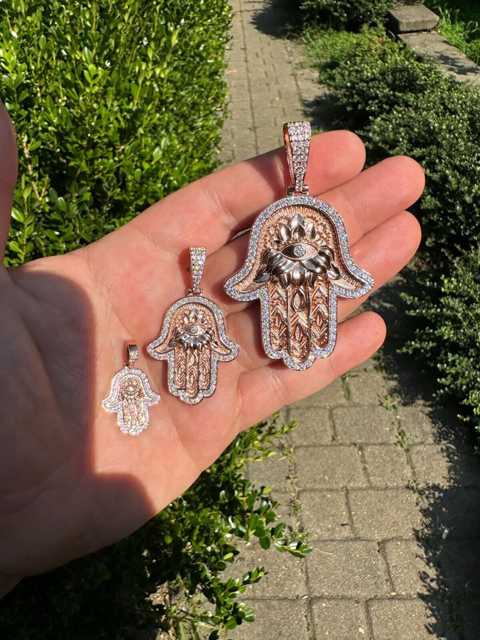 HarlemBling Real Rose Gold & 925 Sterling Silver Hamsa Evil Eye Hand Iced MOISSANITE Pendant