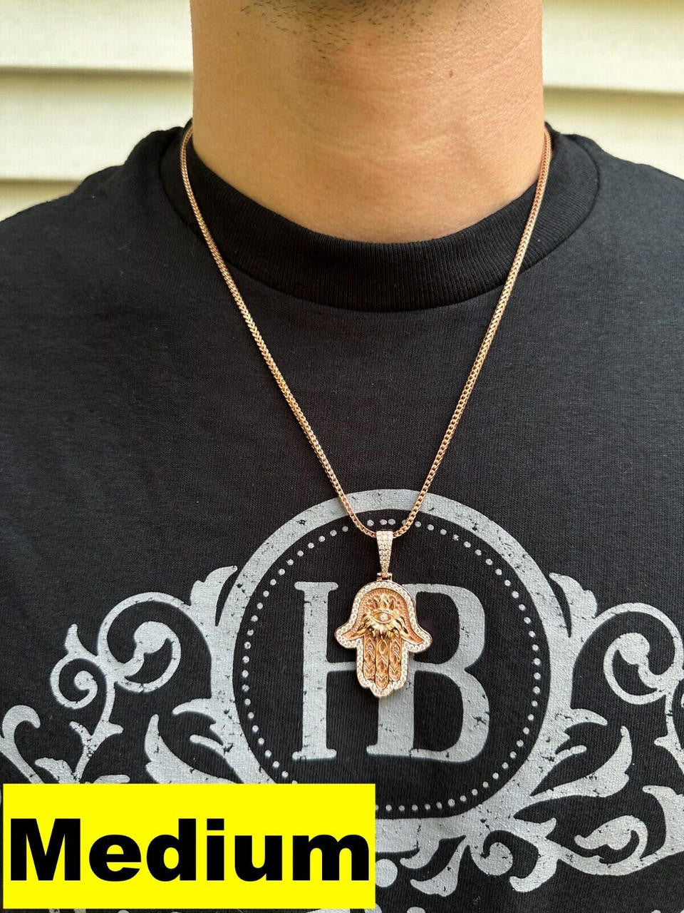 HarlemBling Real Rose Gold & 925 Sterling Silver Hamsa Evil Eye Hand Iced MOISSANITE Pendant