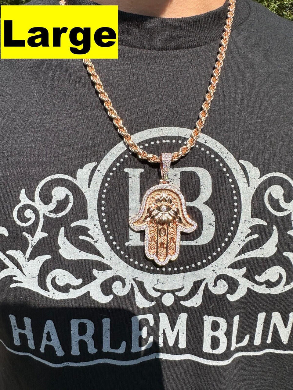 HarlemBling Real Rose Gold & 925 Sterling Silver Hamsa Evil Eye Hand Iced MOISSANITE Pendant